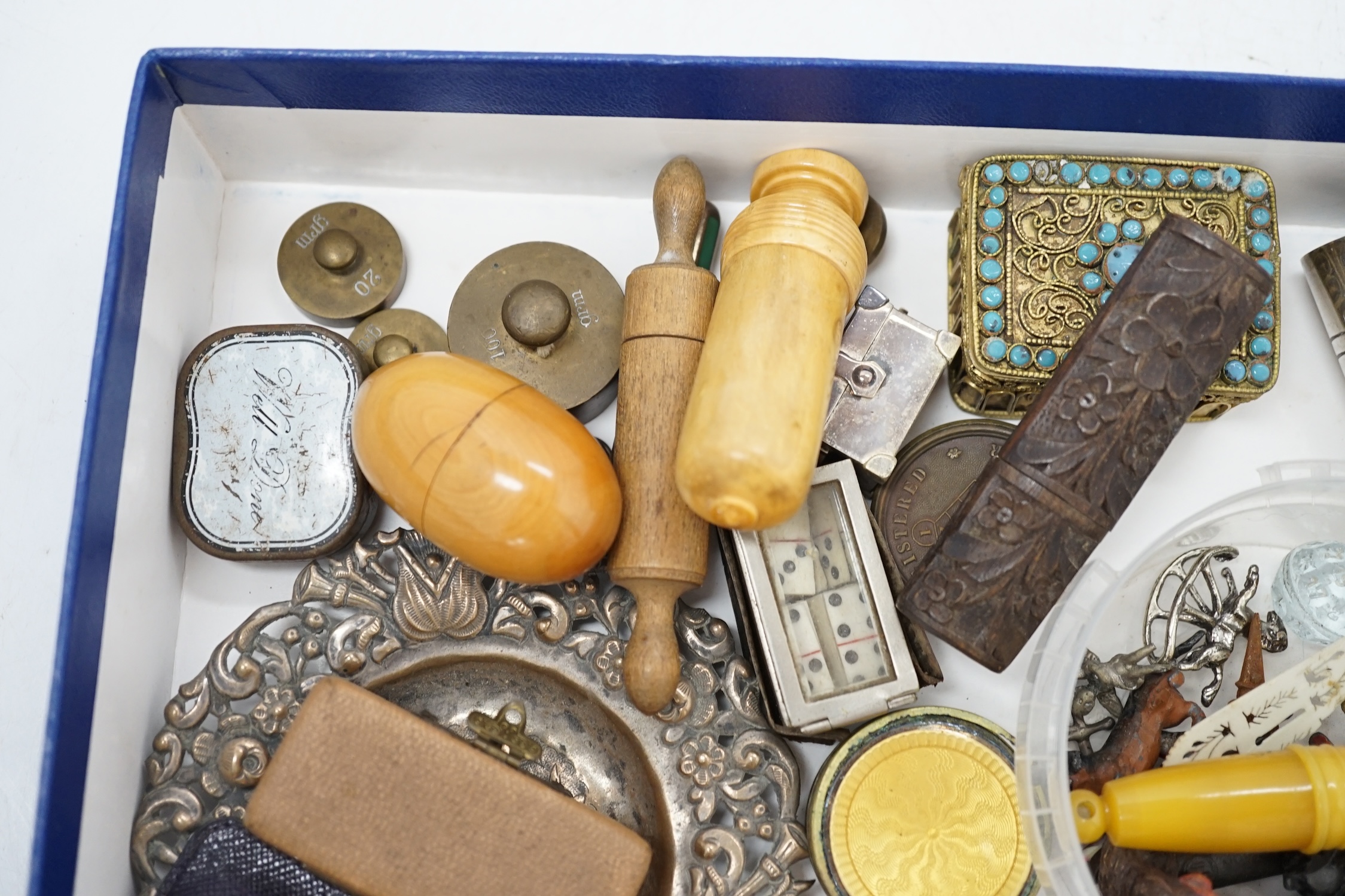Mixed collectables to include enamel boxes, graduated weights, treen, a novelty post box money tin, etc. Condition - fair to good